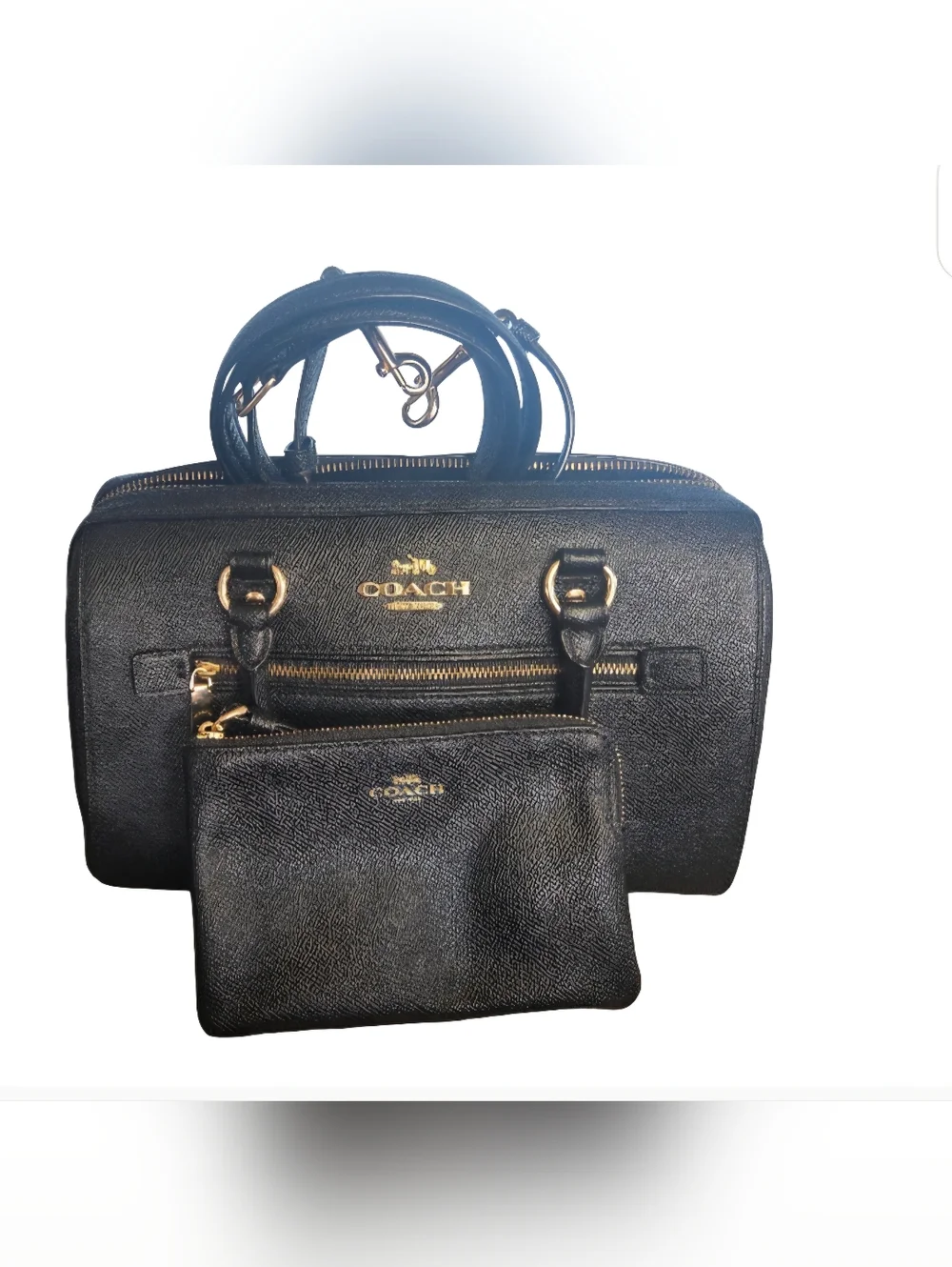 Coach Rowan Satchel Bag| Black Leather Handbag and Wristlet Set